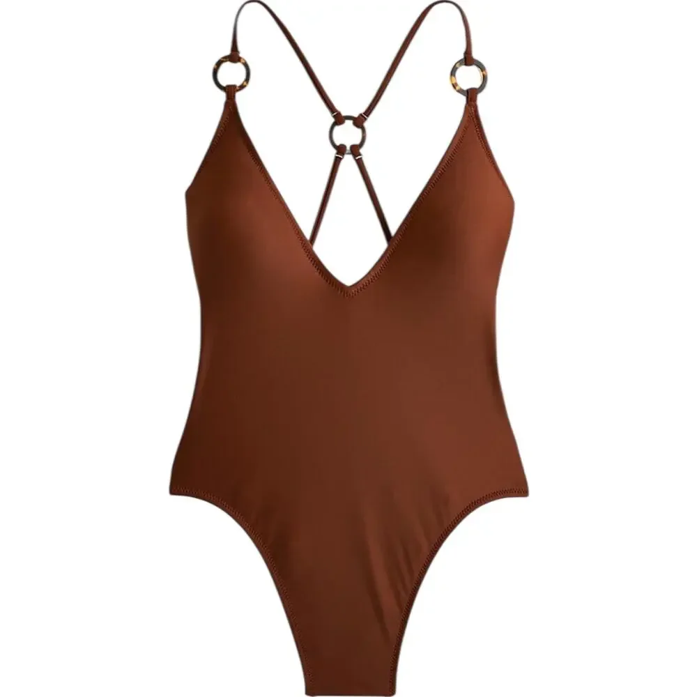 J.Crew O-Ring V-Neck One-Piece Swimsuit Women's 10 Brown Cheeky‎